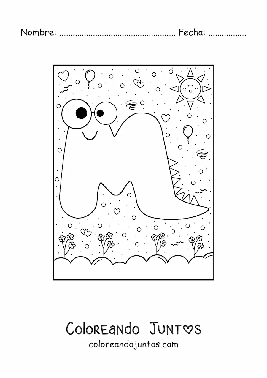 Imagen para colorear de la letra m animada con forma de monstruo con dibujos animados
