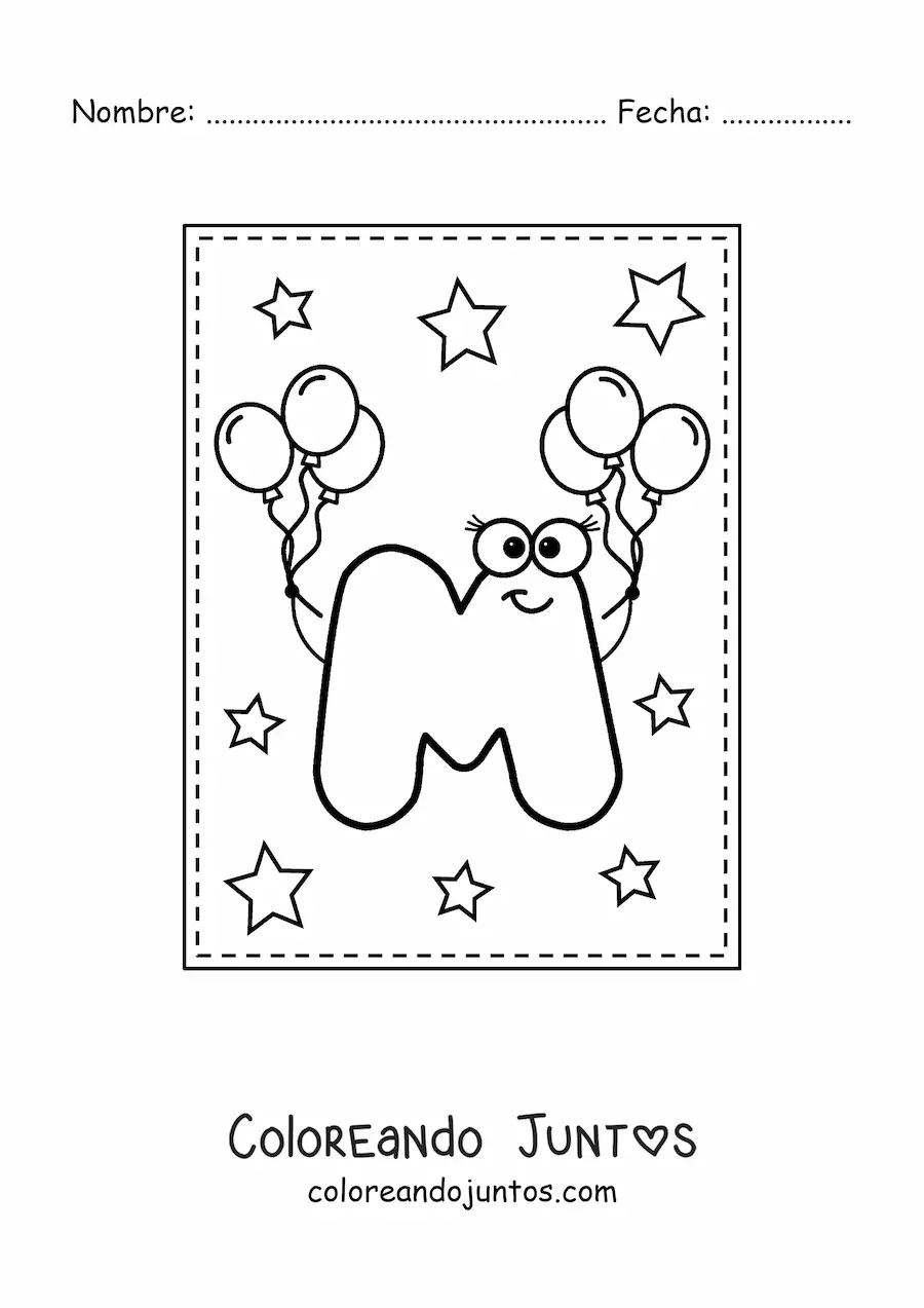 Imagen para colorear de la letra m mayúscula animada con globos