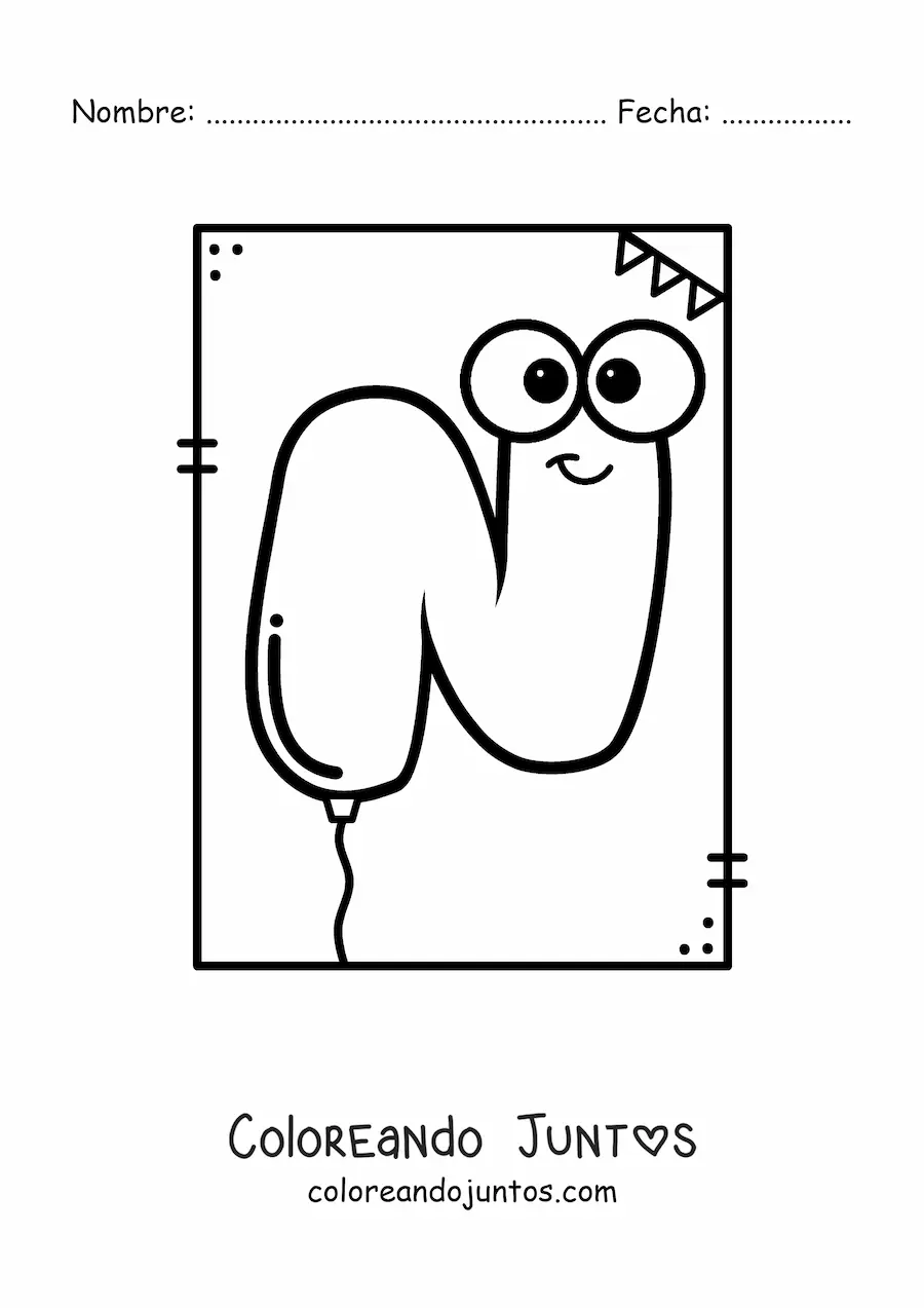 Imagen para colorear de la letra n animada con forma de globo