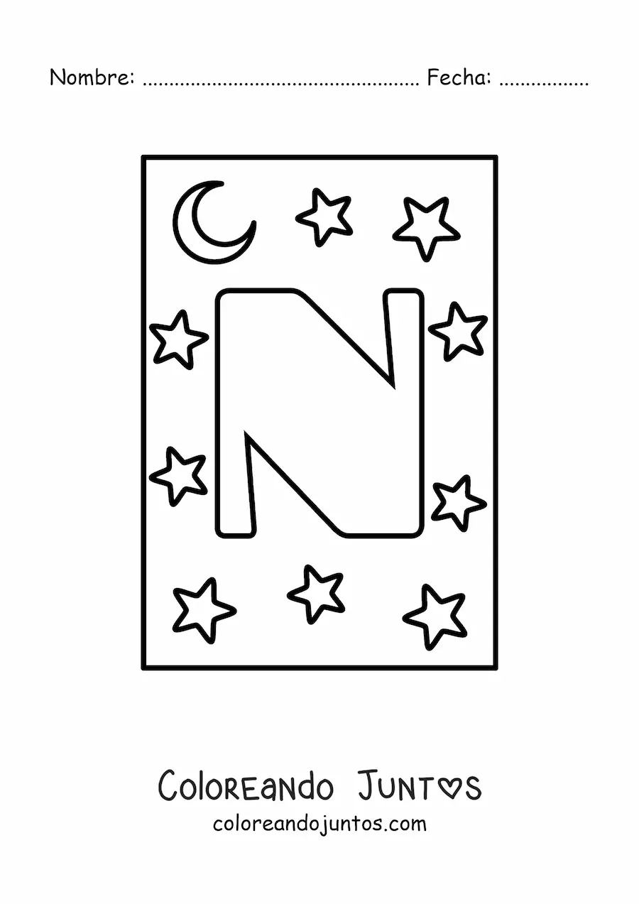 Imagen para colorear de letra n mayúscula con estrellas y una luna
