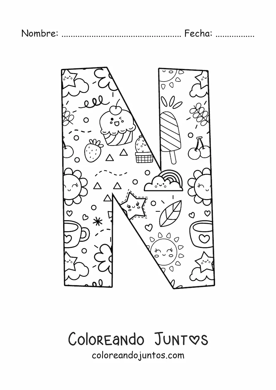 Imagen para colorear de la letra n con dibujos animados