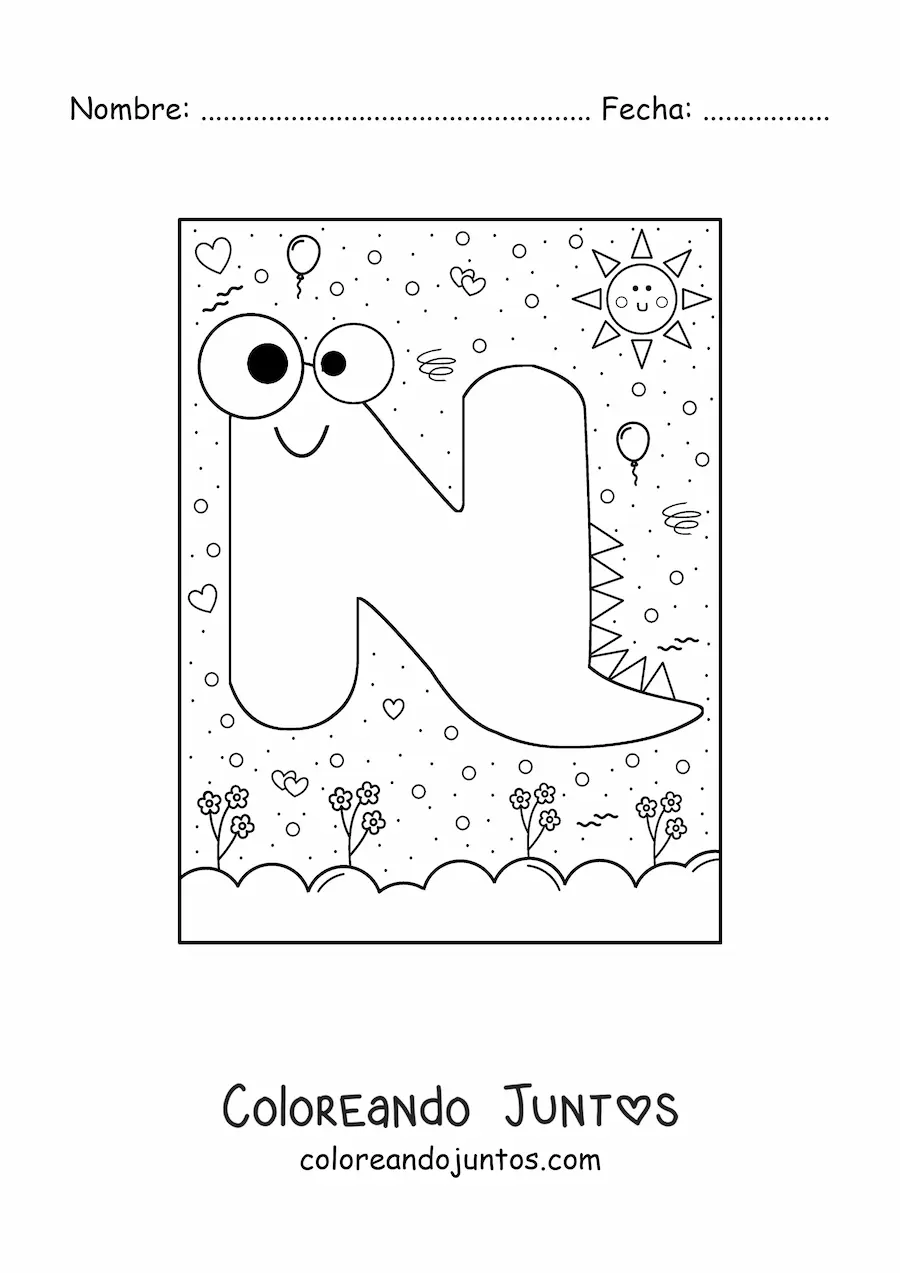 Imagen para colorear de la letra n animada con forma de monstruo con dibujos animados