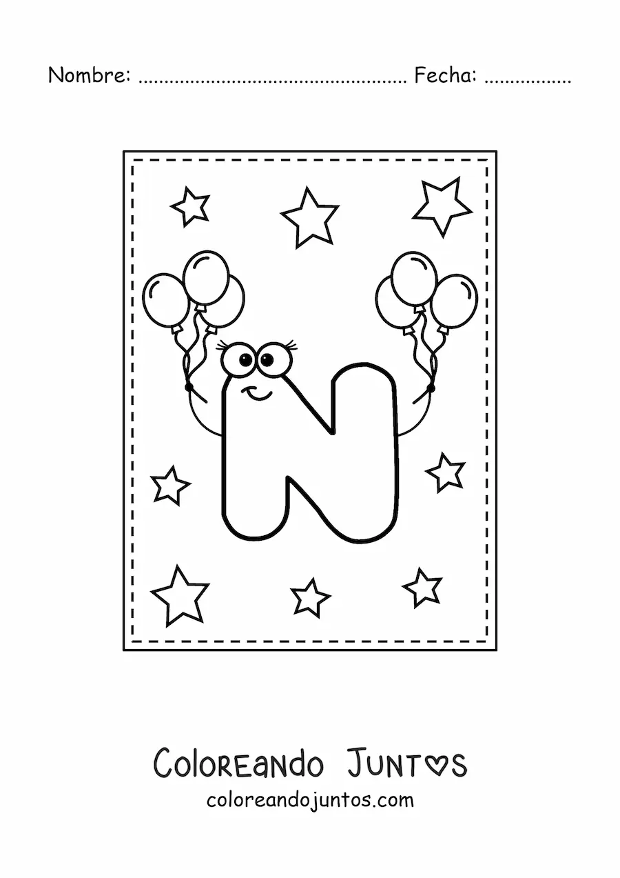 Imagen para colorear de la letra n mayúscula animada con globos