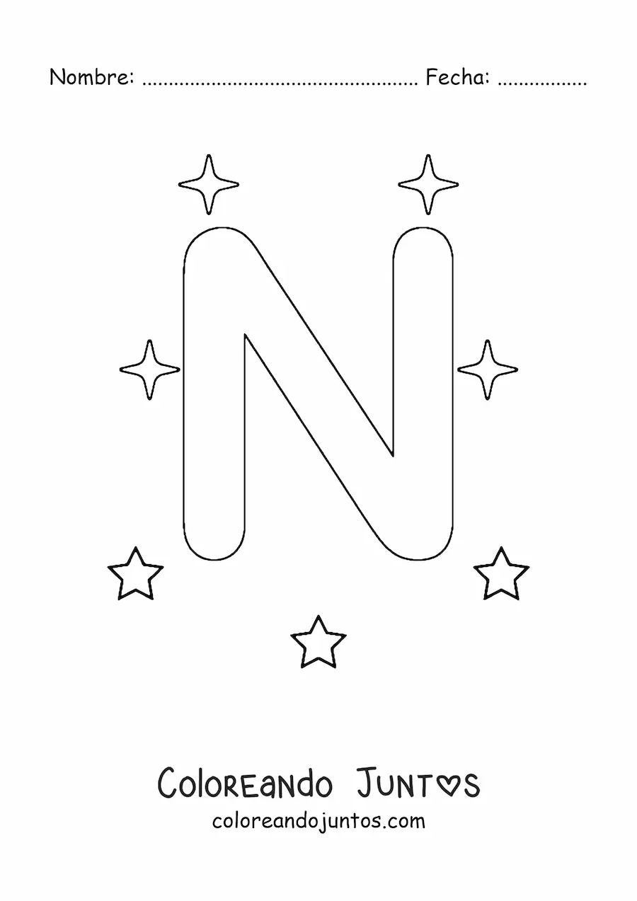 Imagen para colorear de letra n mayúscula con estrellas