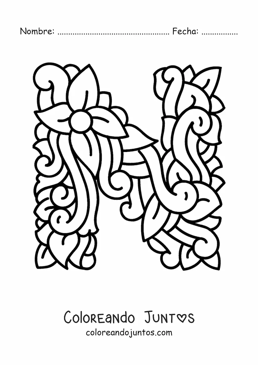 Imagen para colorear de letra n mayúscula decorada