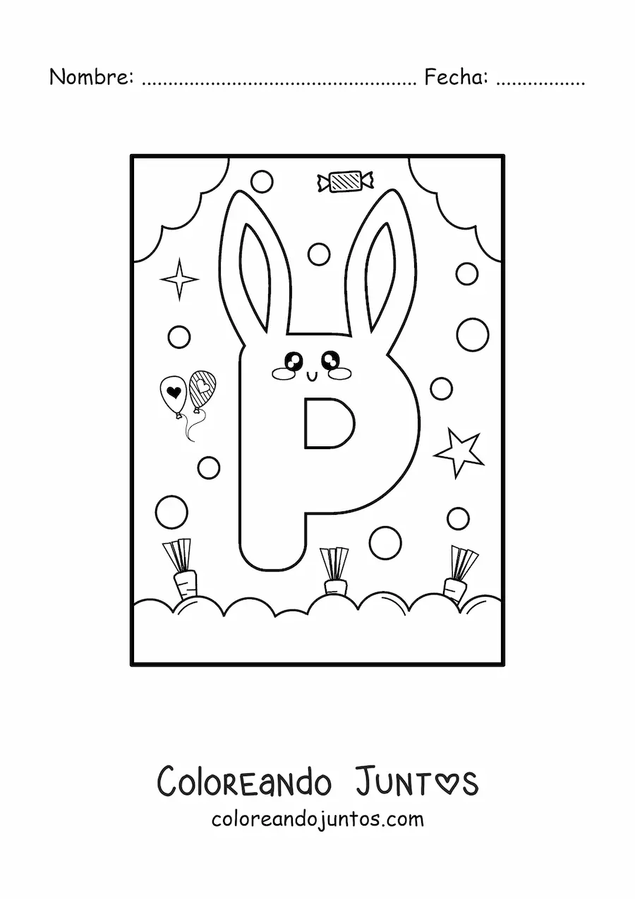 Imagen para colorear de letra p con forma de conejo kawaii animado