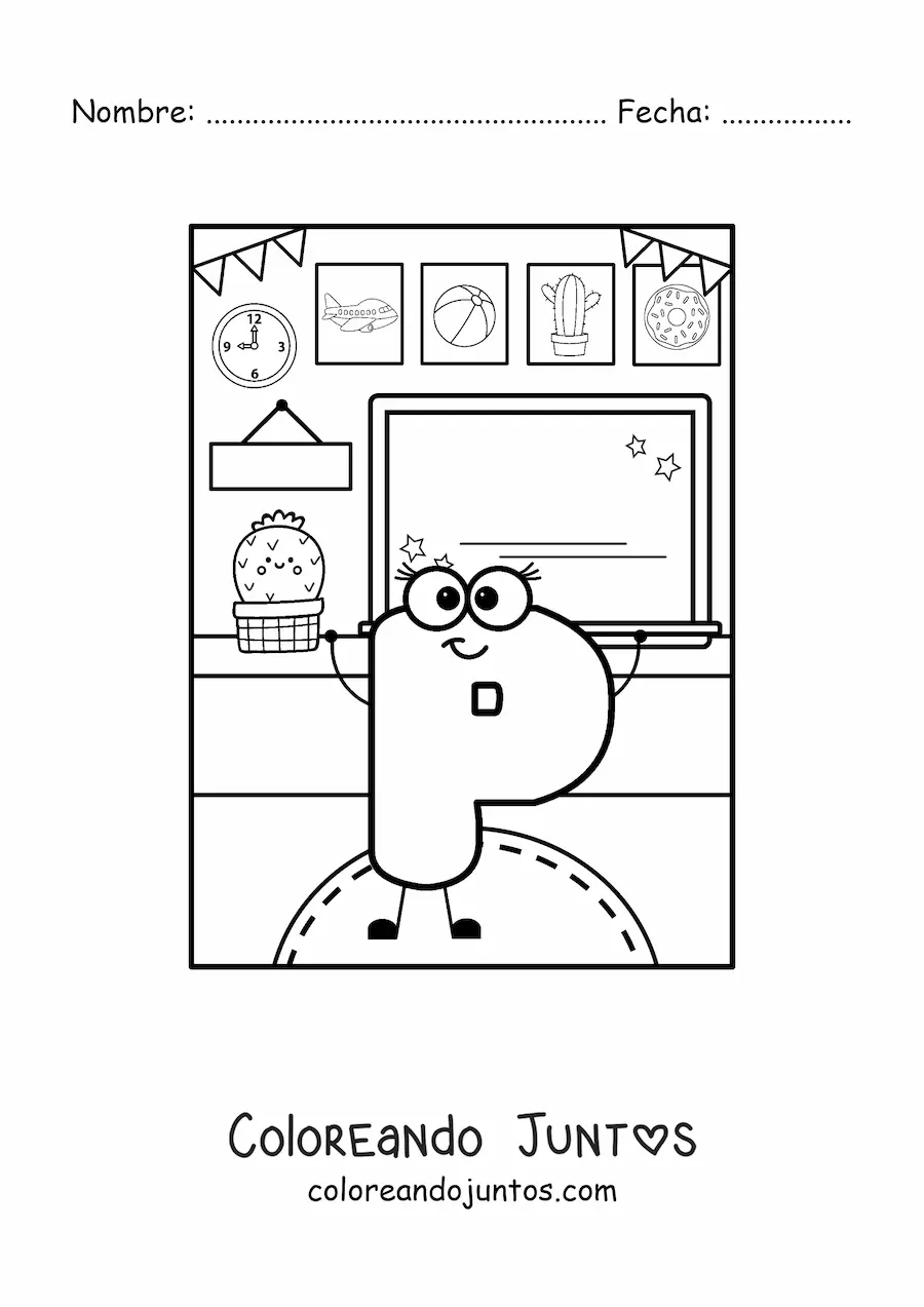 Imagen para colorear de la letra p animada en la escuela