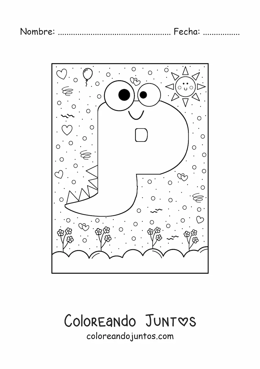 Imagen para colorear de la letra p animada con forma de monstruo con dibujos animados