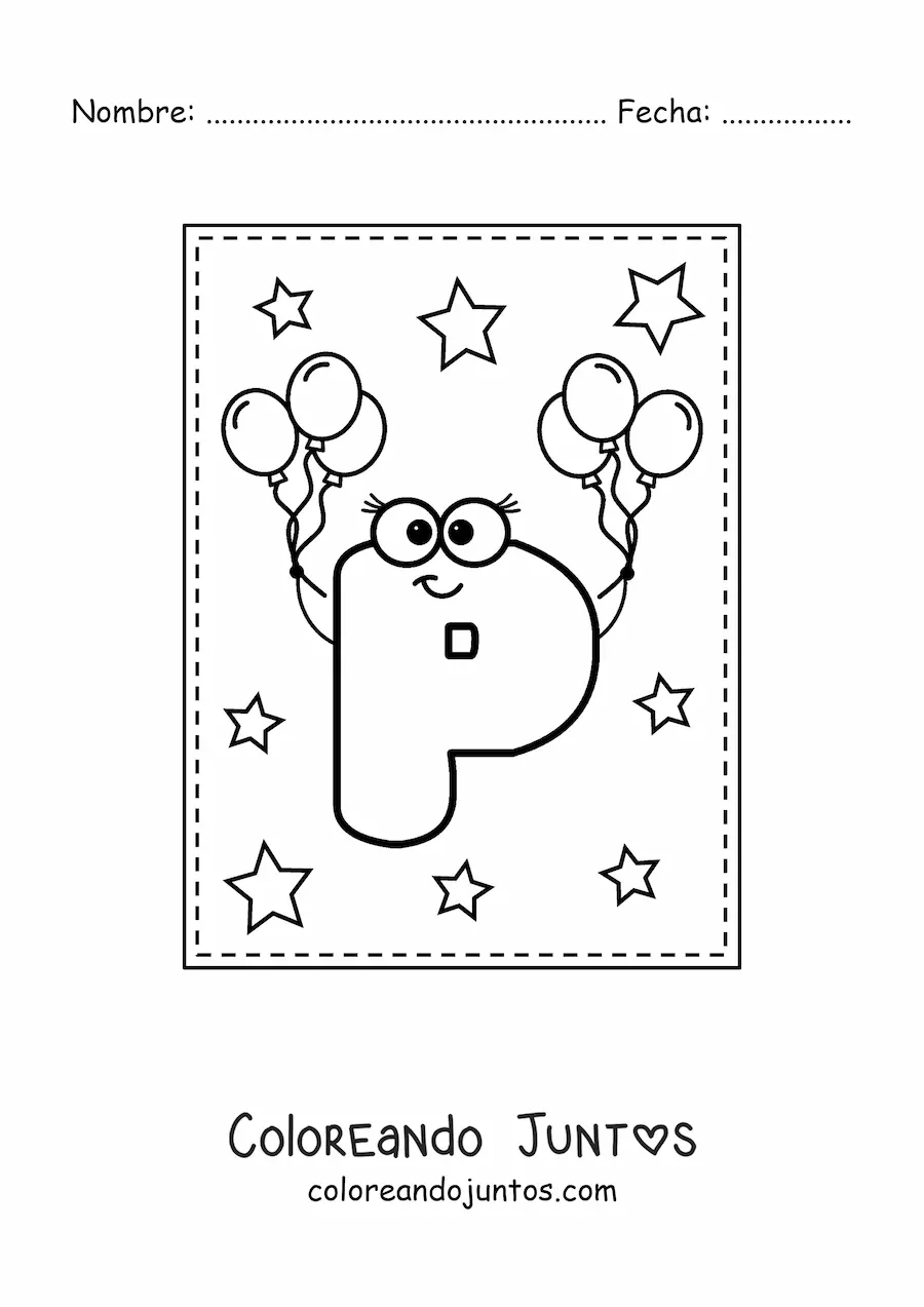 Imagen para colorear de la letra p mayúscula animada con globos