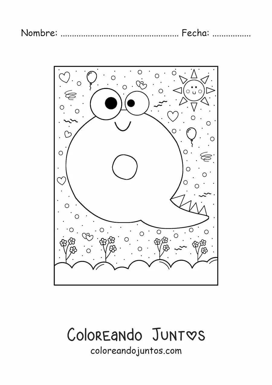Imagen para colorear de la letra q animada con forma de monstruo con dibujos animados