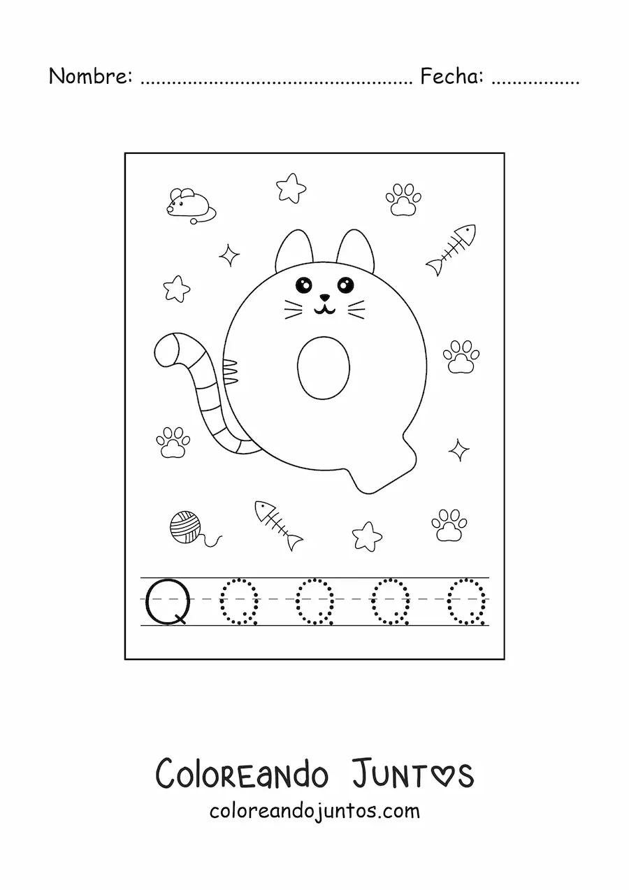 Imagen para colorear de la letra q animada con forma de gato