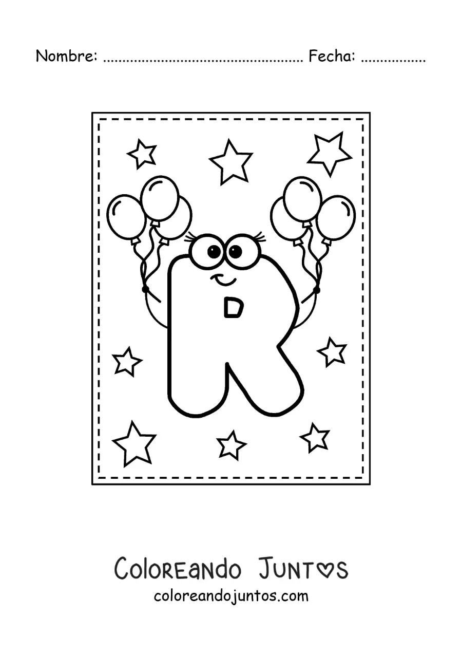 Imagen para colorear de la letra r mayúscula animada con globos