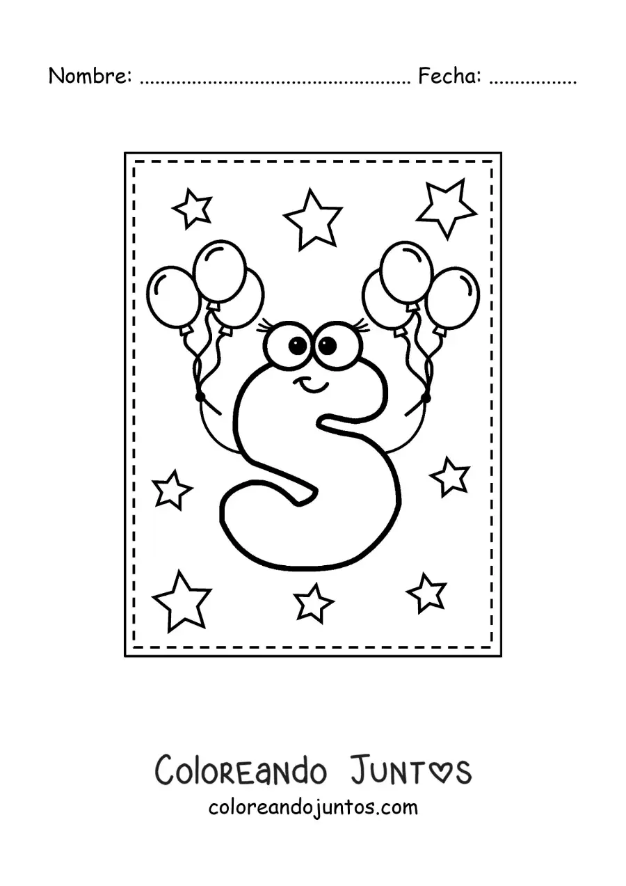 Imagen para colorear de la letra s mayúscula animada con globos