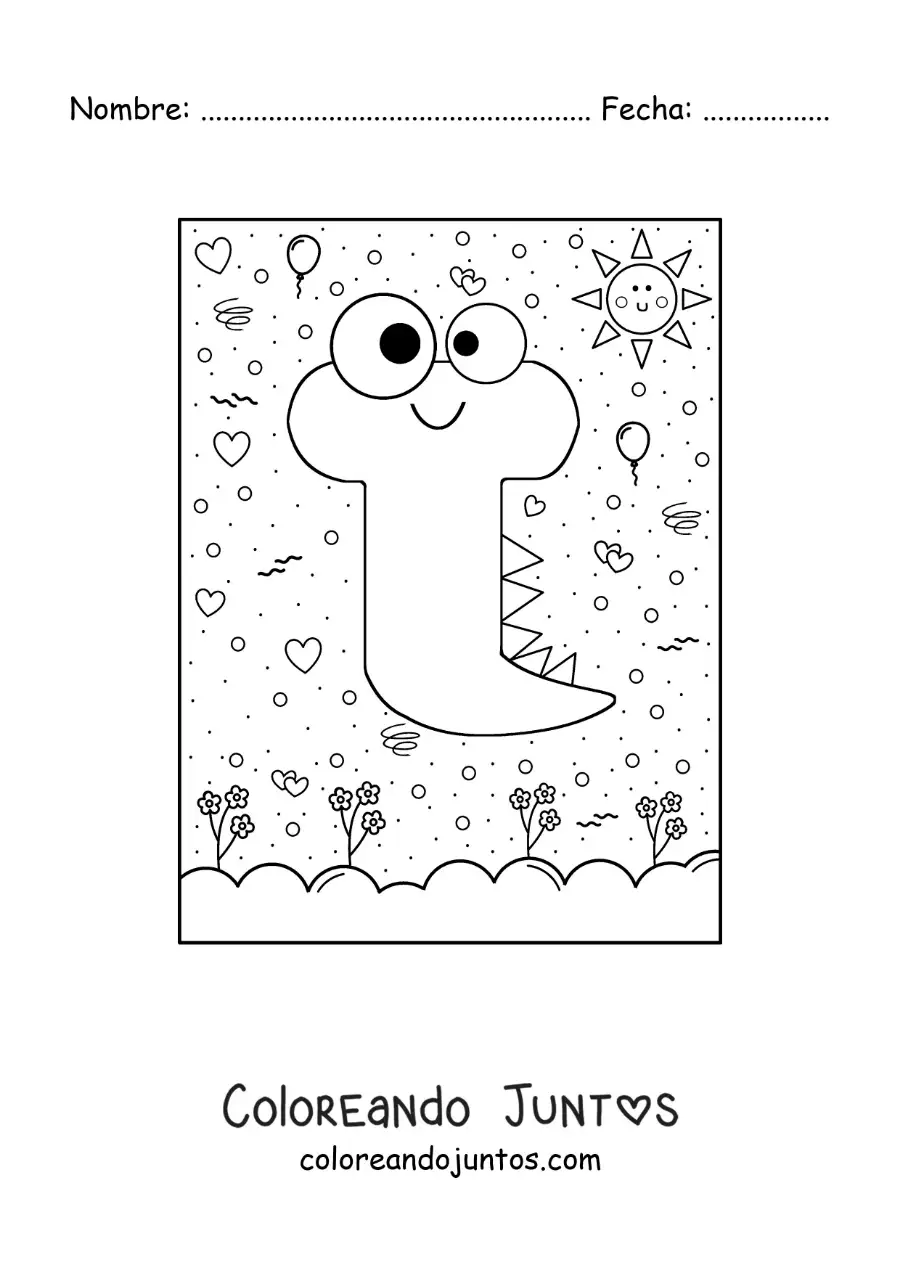 Imagen para colorear de la letra t animada con forma de monstruo con dibujos animados