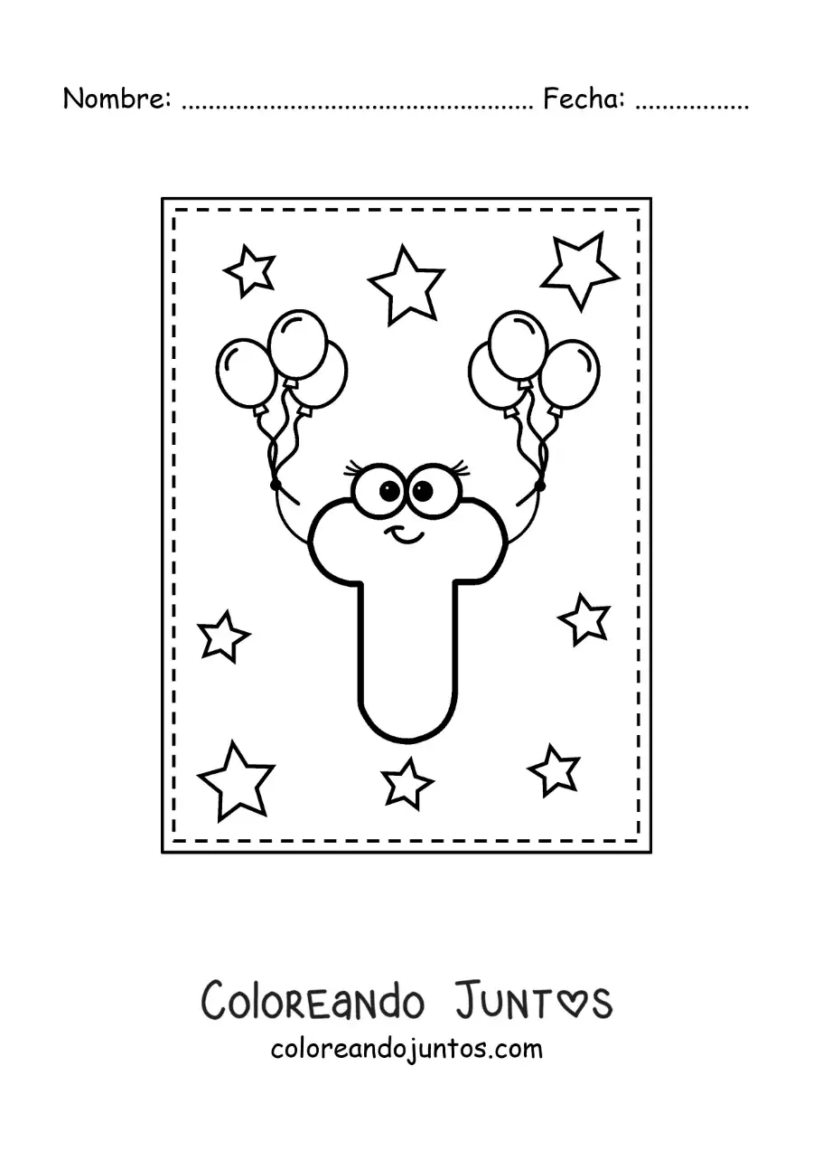 Imagen para colorear de la letra t mayúscula animada con globos