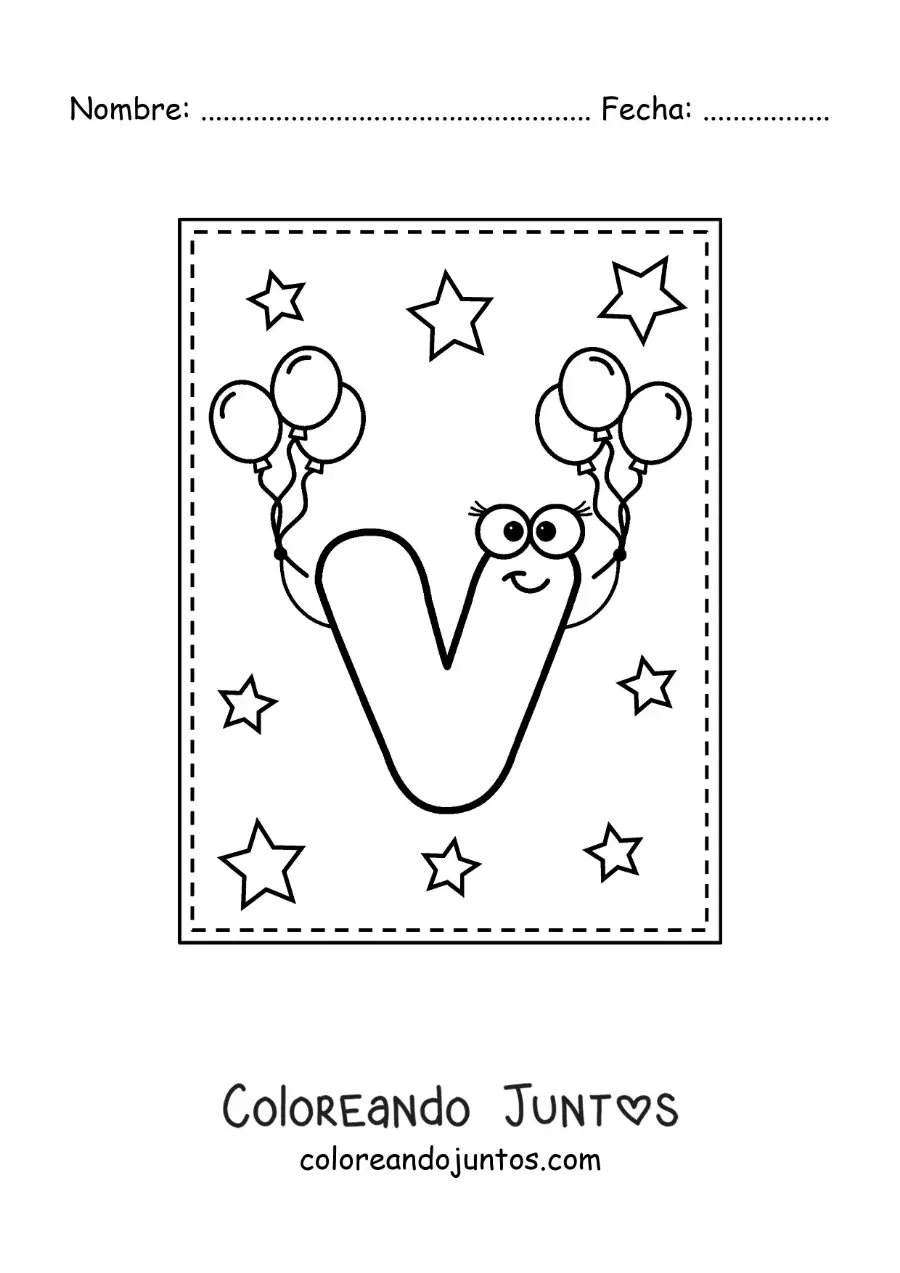 Imagen para colorear de la letra v mayúscula animada con globos
