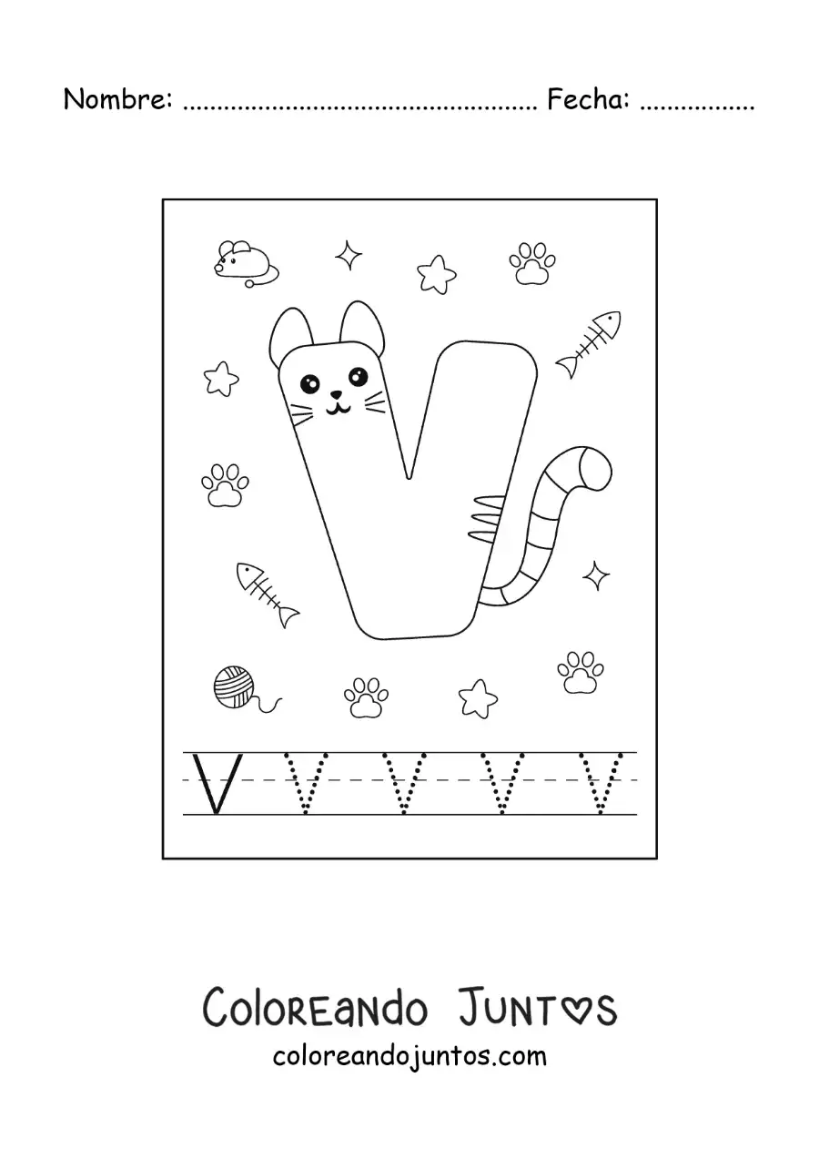 Imagen para colorear de la letra v animada con forma de gato