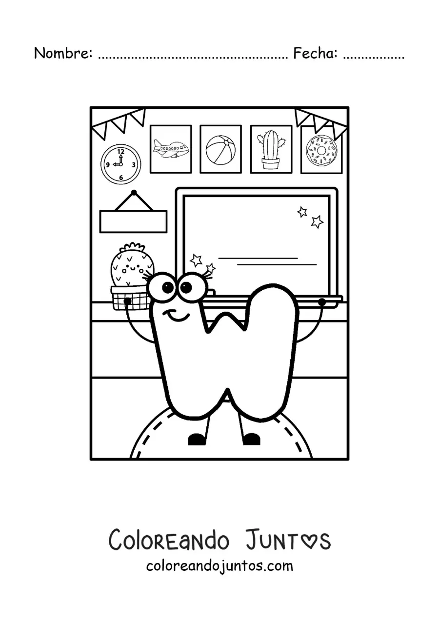 Imagen para colorear de la letra w animada en la escuela
