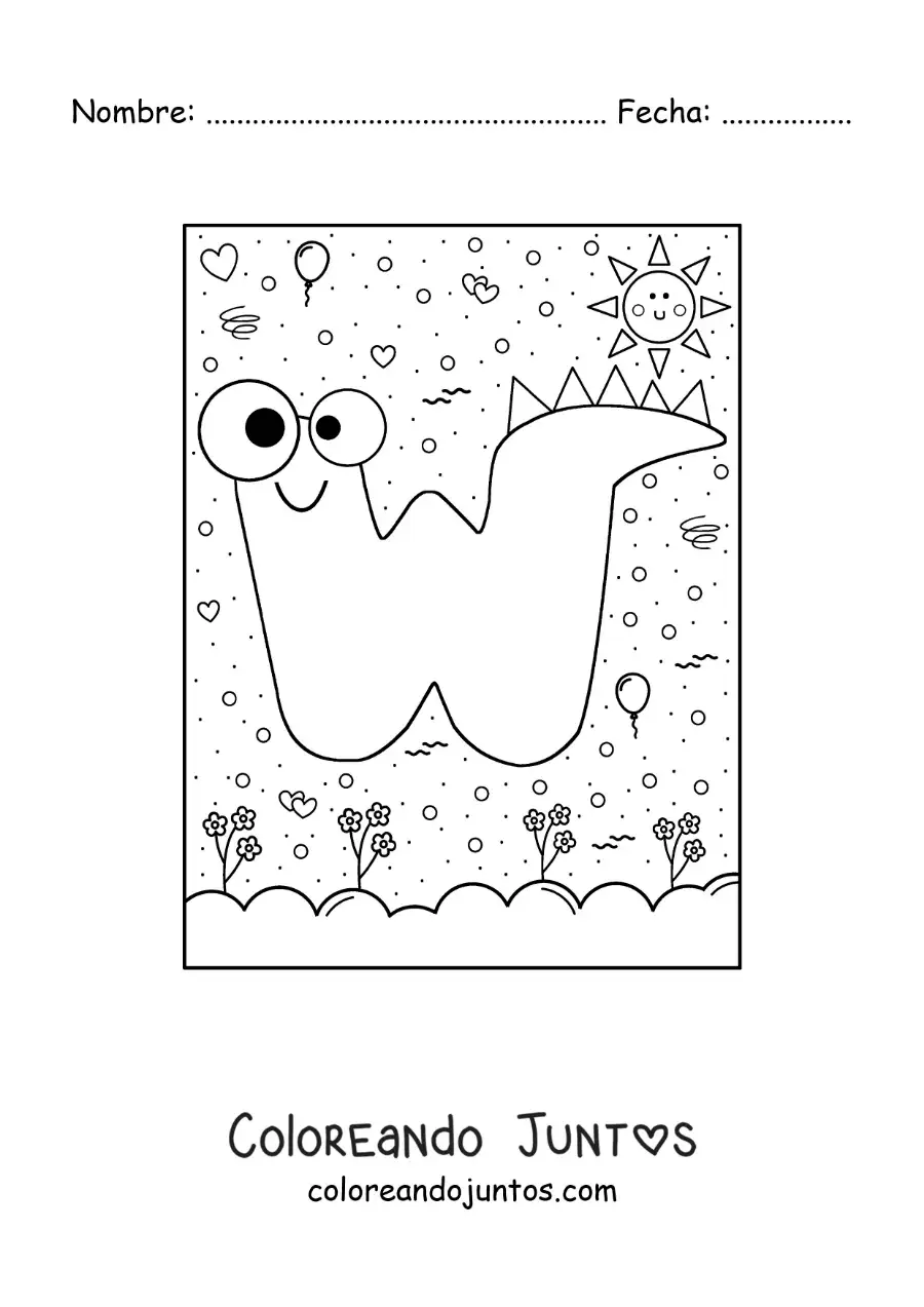 Imagen para colorear de la letra w animada con forma de monstruo con dibujos animados