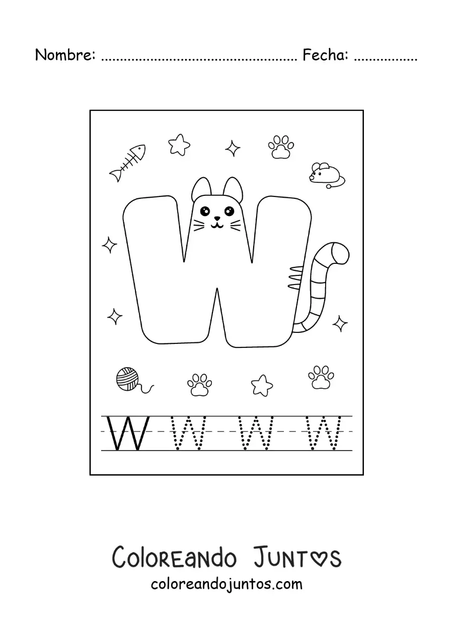 Imagen para colorear de la letra w animada con forma de gato