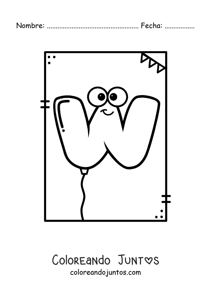 Imagen para colorear de la letra w animada con forma de globo