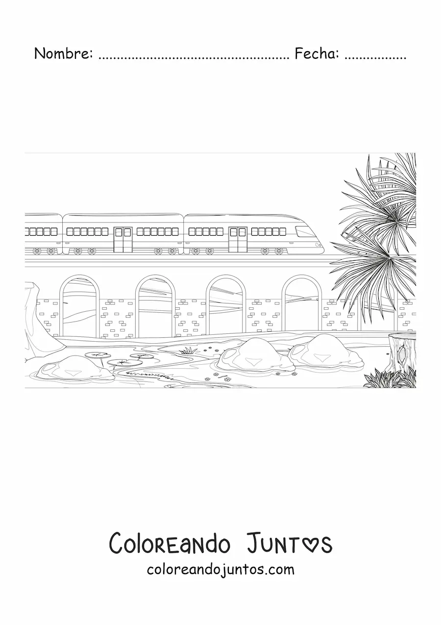 Imagen para colorear de un tren pasando sobre un puente