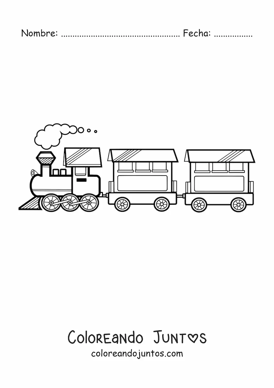 Imagen para colorear de un tren a vapor con dos vagones