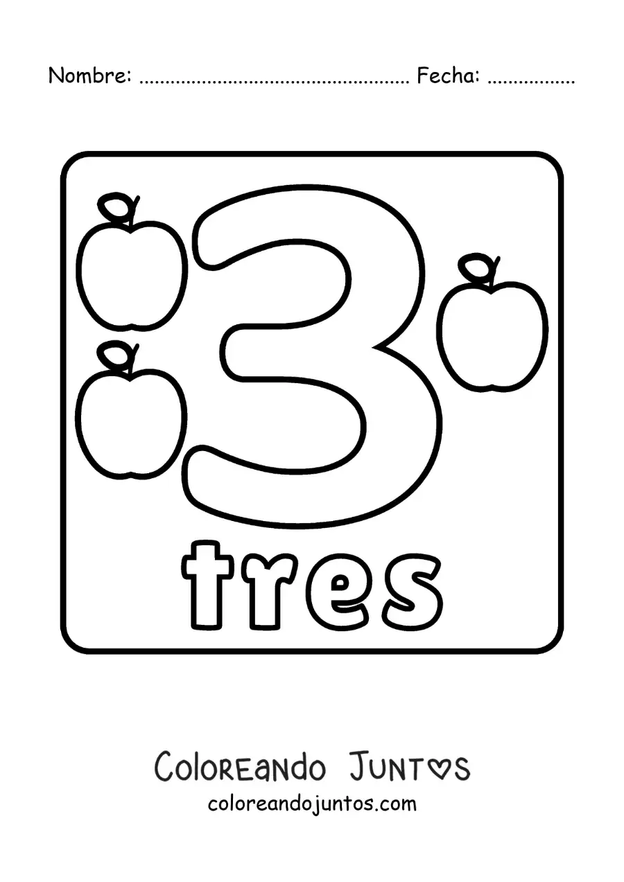 Imagen para colorear de ficha del número 3 grande para niños