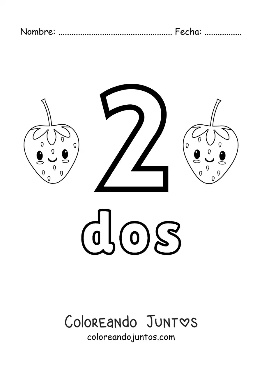 Imagen para colorear de tarjeta del número 2 para aprender a contar con frutas