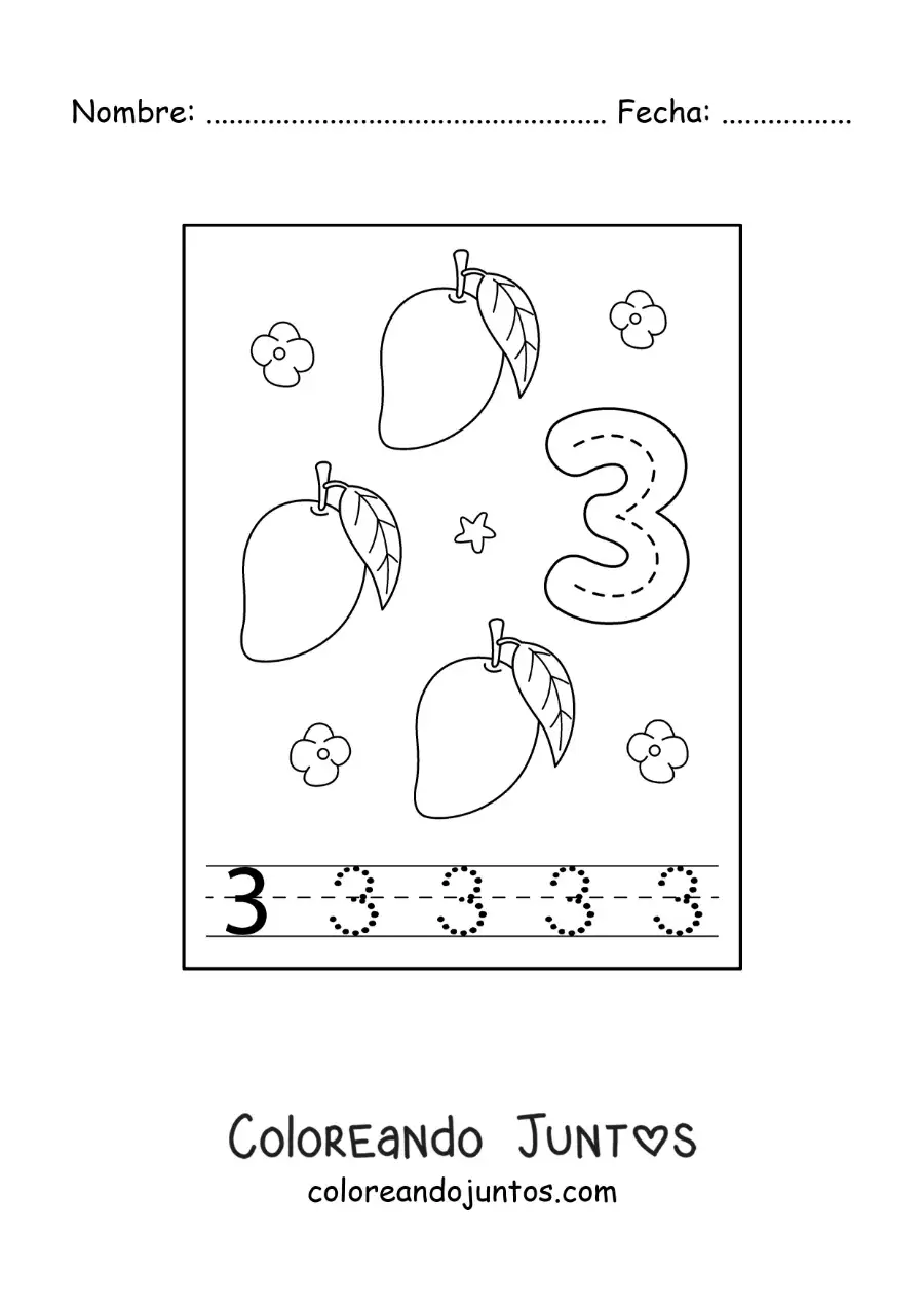 Imagen para colorear de tarjeta para aprender a trazar el número 3 y contar con frutas
