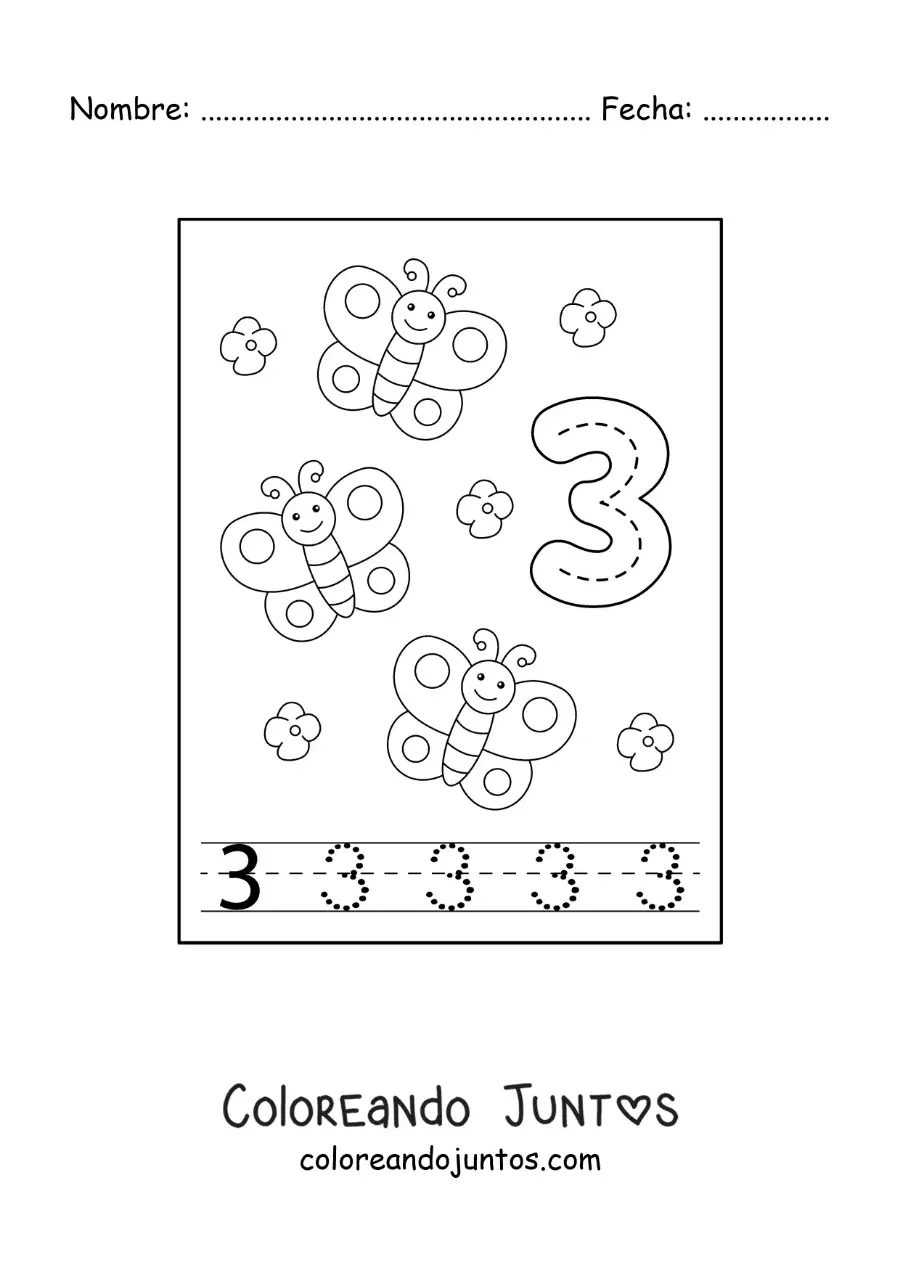 Imagen para colorear de actividad para trazar el número 3 y contar con dibujos animados