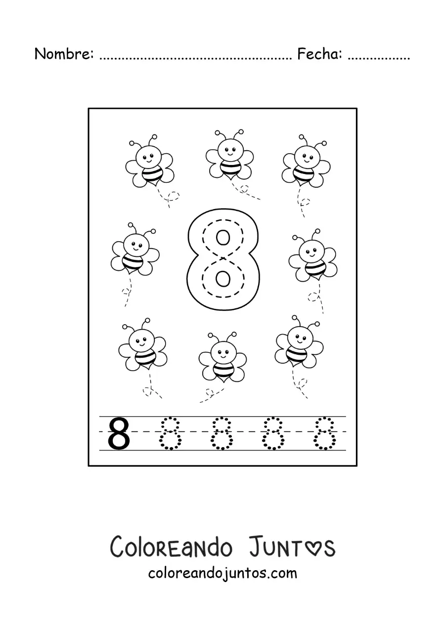 Imagen para colorear de actividad para trazar el número 8 y contar con dibujos animados