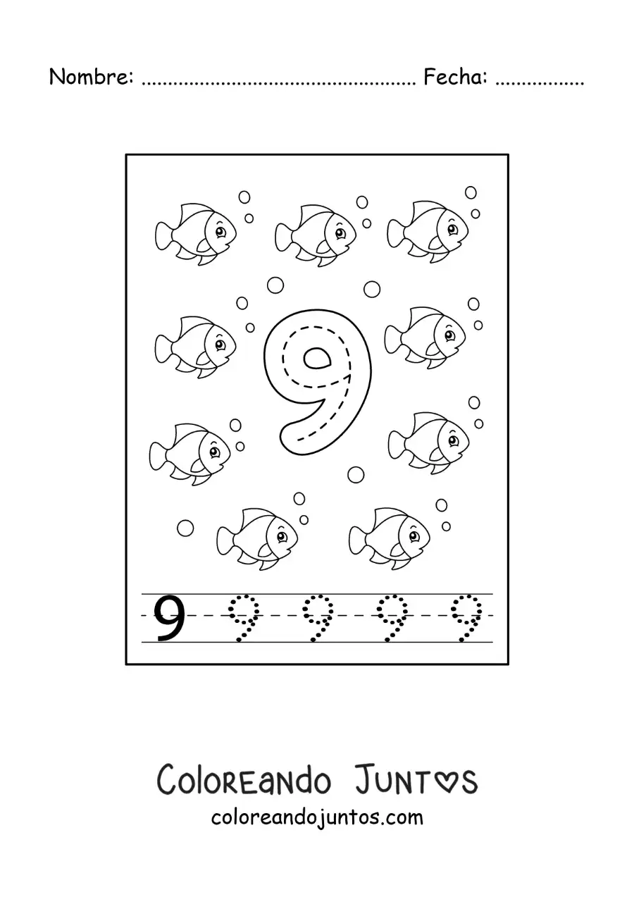 Imagen para colorear de actividad para trazar el número 9 y contar con dibujos animados