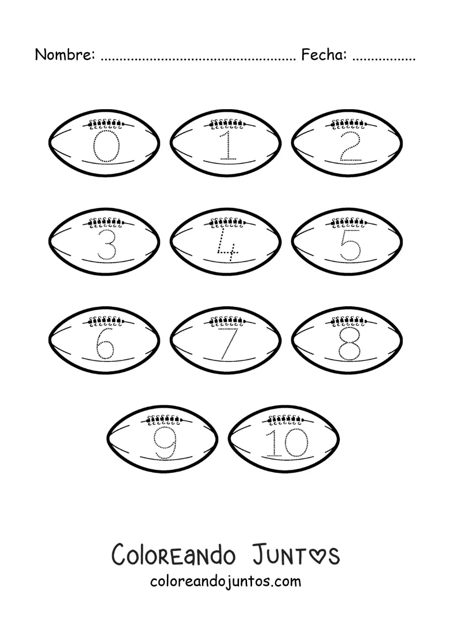 Imagen para colorear de actividad para trazar los números del 1 al 10 con balones