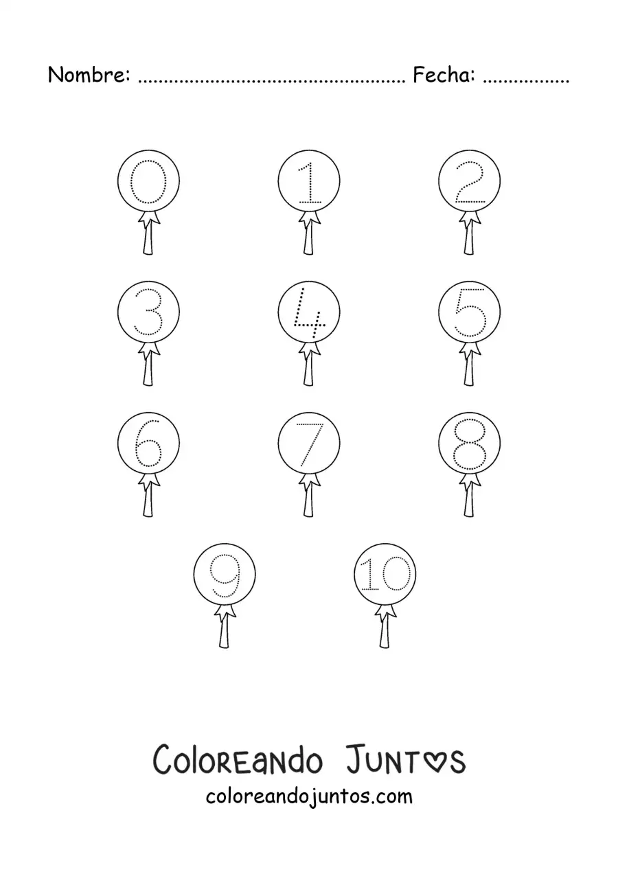 Imagen para colorear de actividad para trazar los números del 1 al 10 con dulces