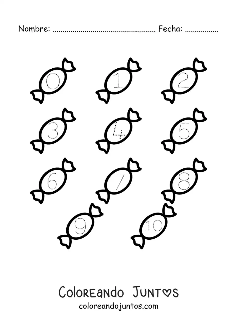 Imagen para colorear de actividad para trazar los números del 1 al 10 con caramelos