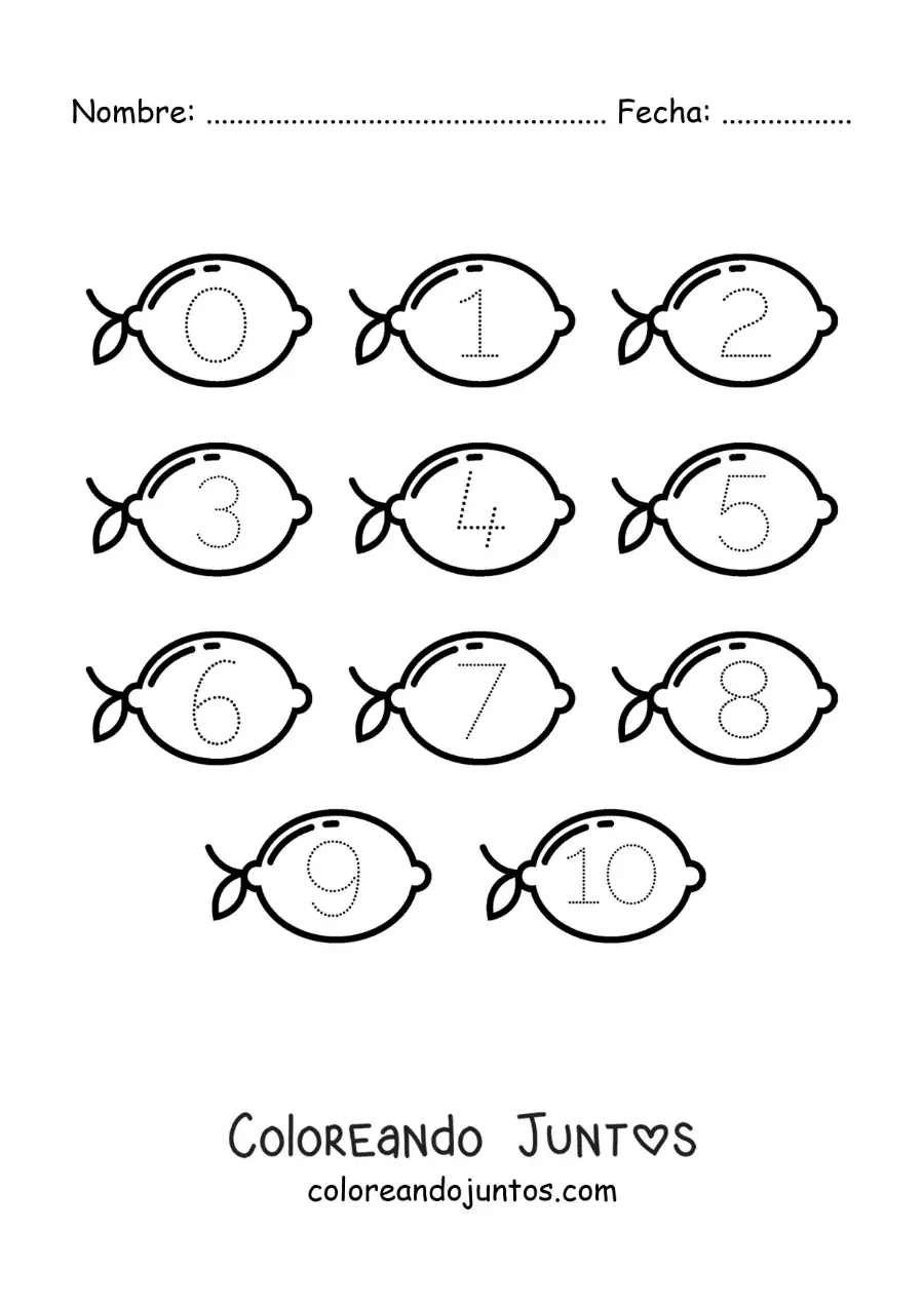 Imagen para colorear de actividad para trazar los números del 1 al 10 con limones