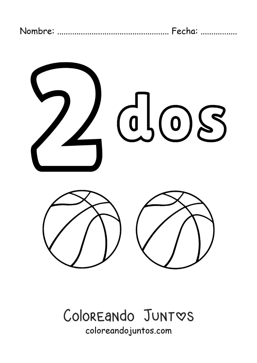 Imagen para colorear de ficha del número 2 para aprender a contar con dibujos divertidos