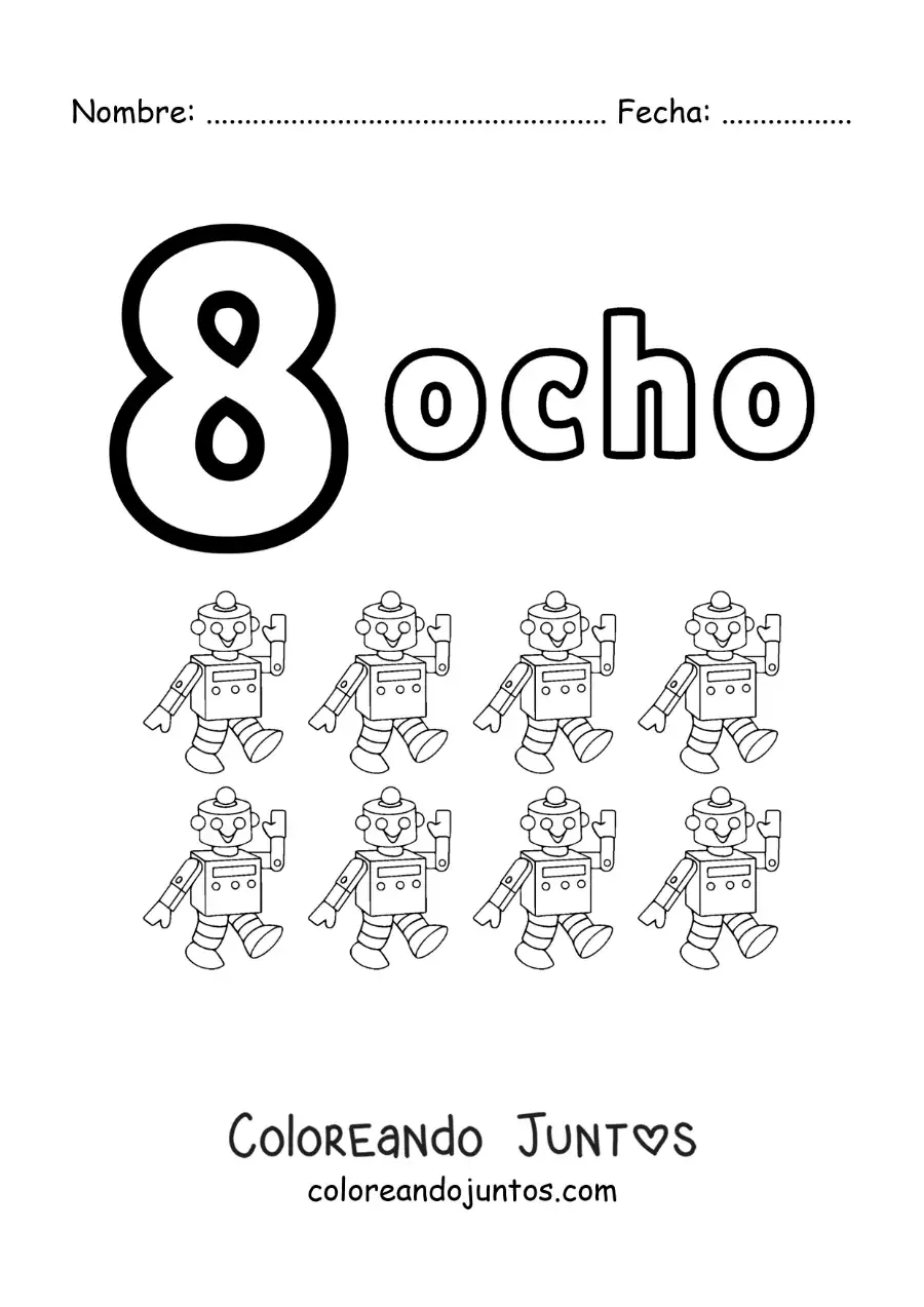 Imagen para colorear de ficha del número 8 para aprender a contar con dibujos divertidos