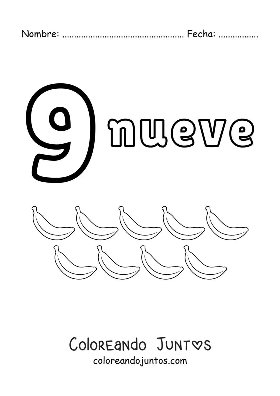 Imagen para colorear de ficha del número 9 para aprender a contar con dibujos divertidos