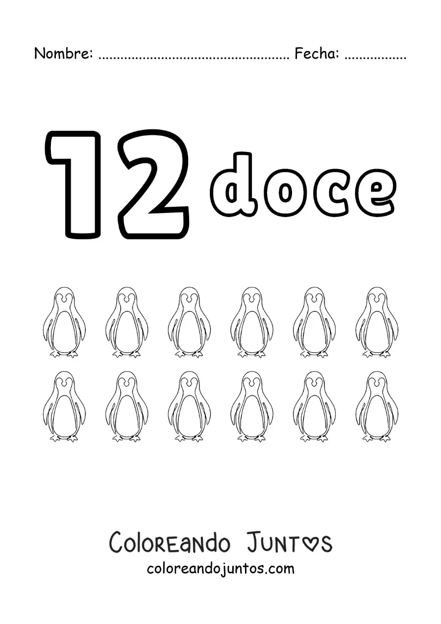 Imagen para colorear de ficha del número 12 para aprender a contar con dibujos divertidos