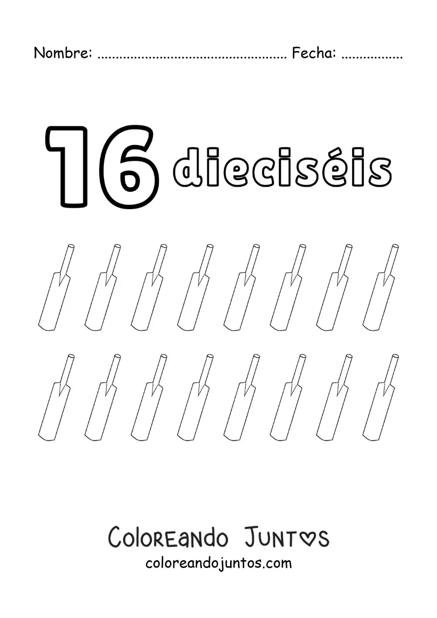Imagen para colorear de ficha del número 16 para aprender a contar con dibujos divertidos
