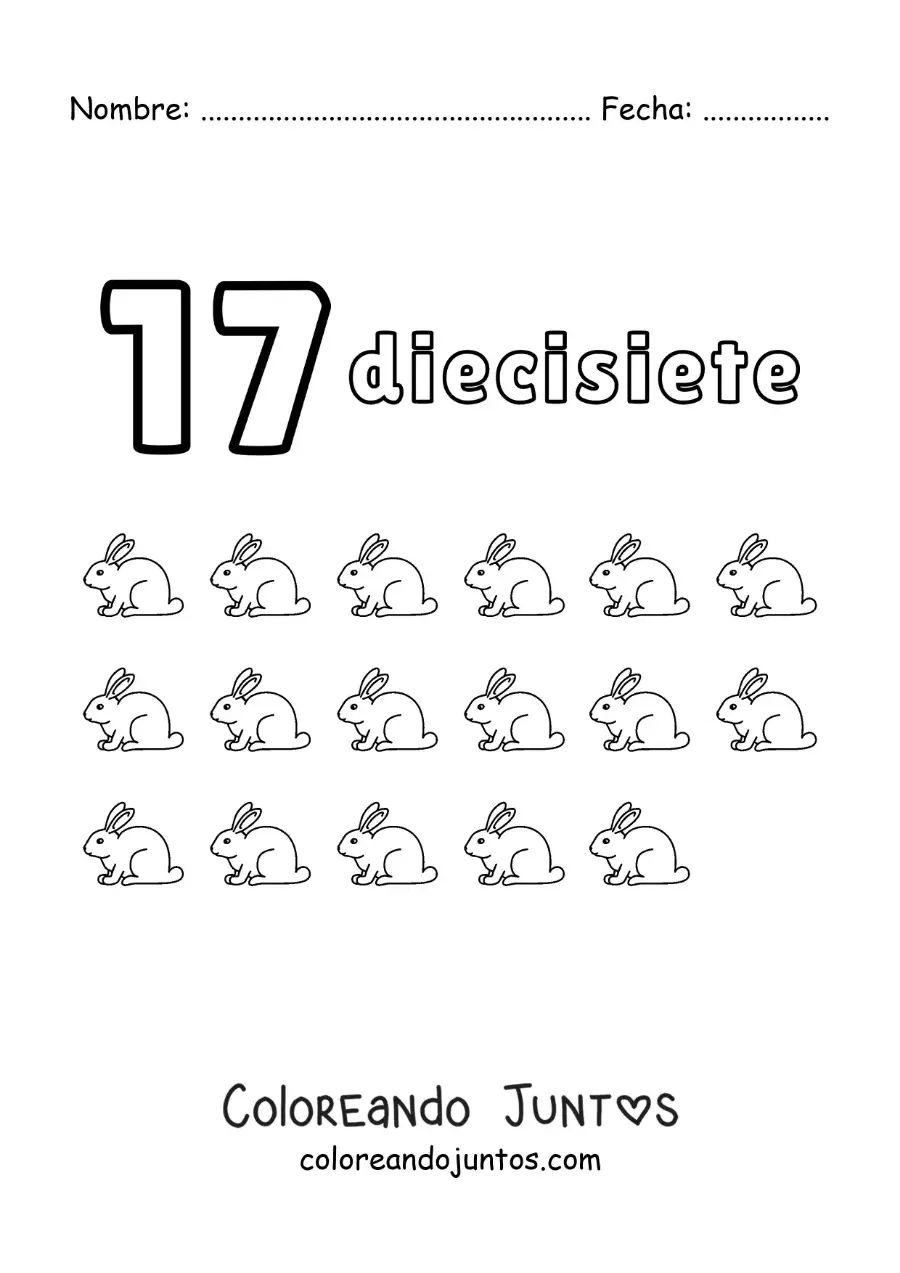 Imagen para colorear de ficha del número 17 para aprender a contar con dibujos divertidos