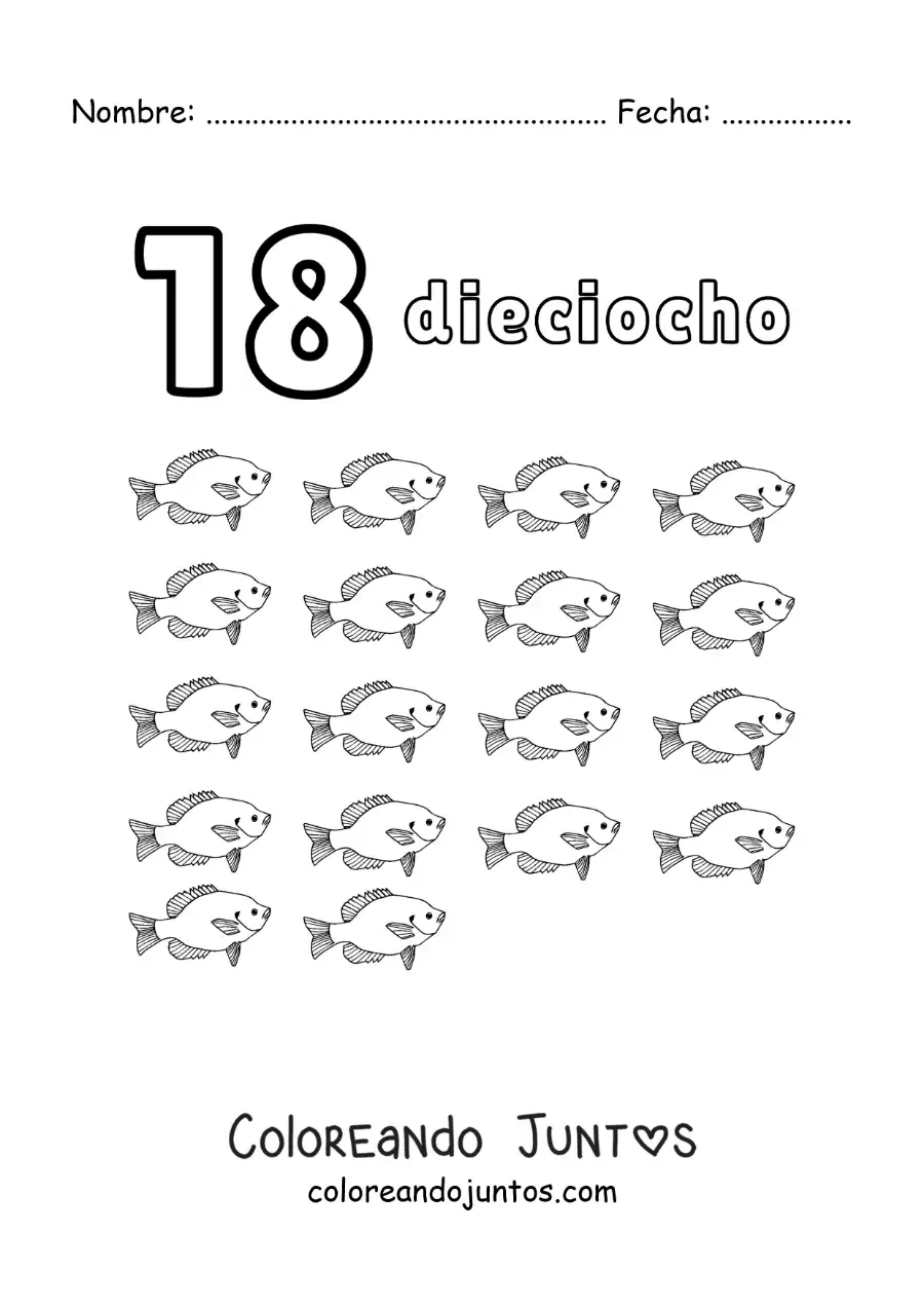Imagen para colorear de ficha del número 18 para aprender a contar con dibujos divertidos