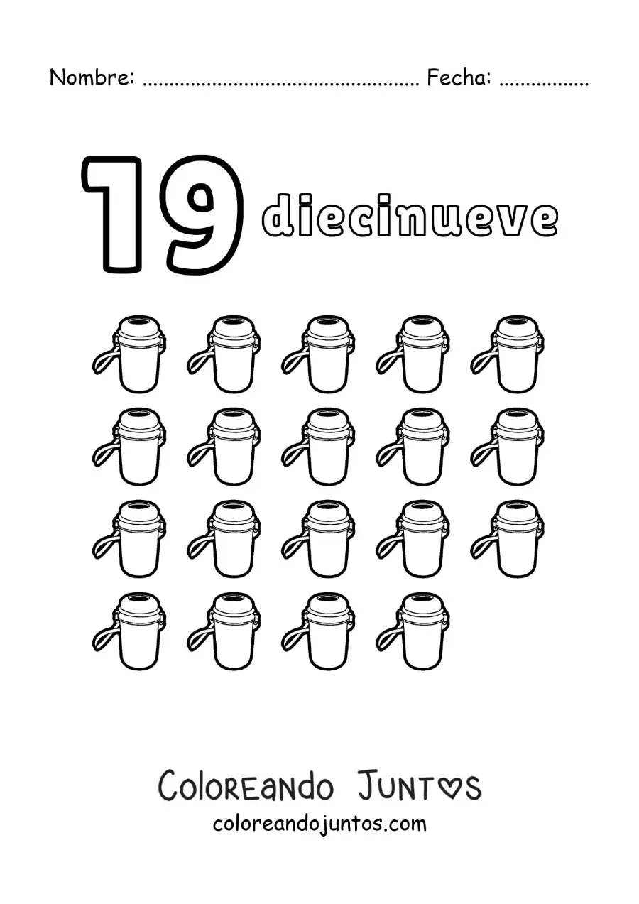 Imagen para colorear de ficha del número 19 para aprender a contar con dibujos divertidos