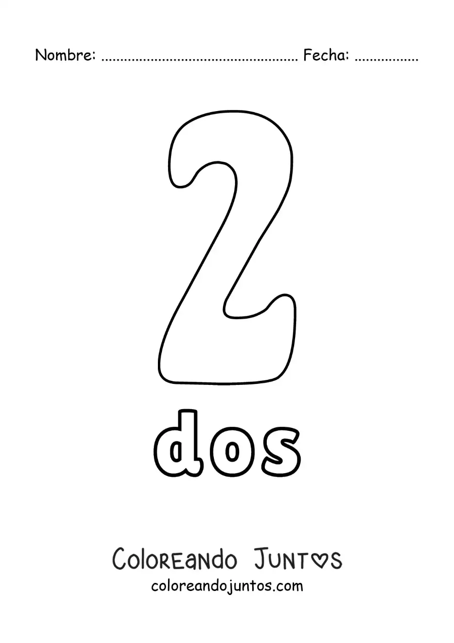 Imagen para colorear de ficha del 2 para aprender los números naturales