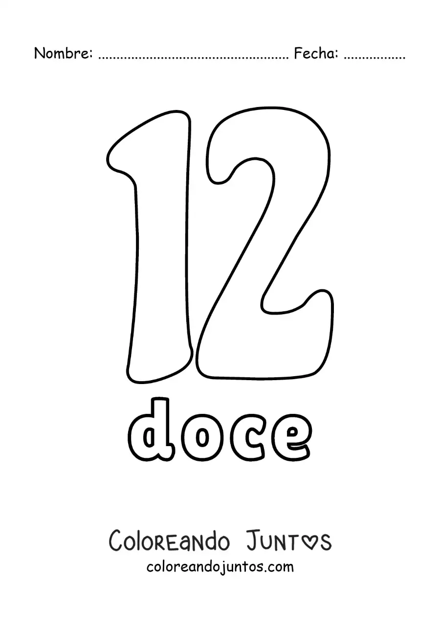 Imagen para colorear de ficha del 12 para aprender los números naturales
