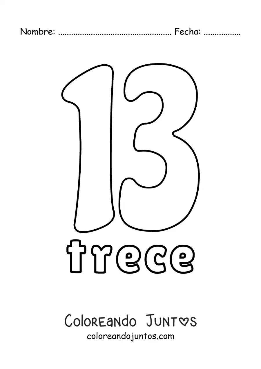 Imagen para colorear de ficha del 13 para aprender los números naturales