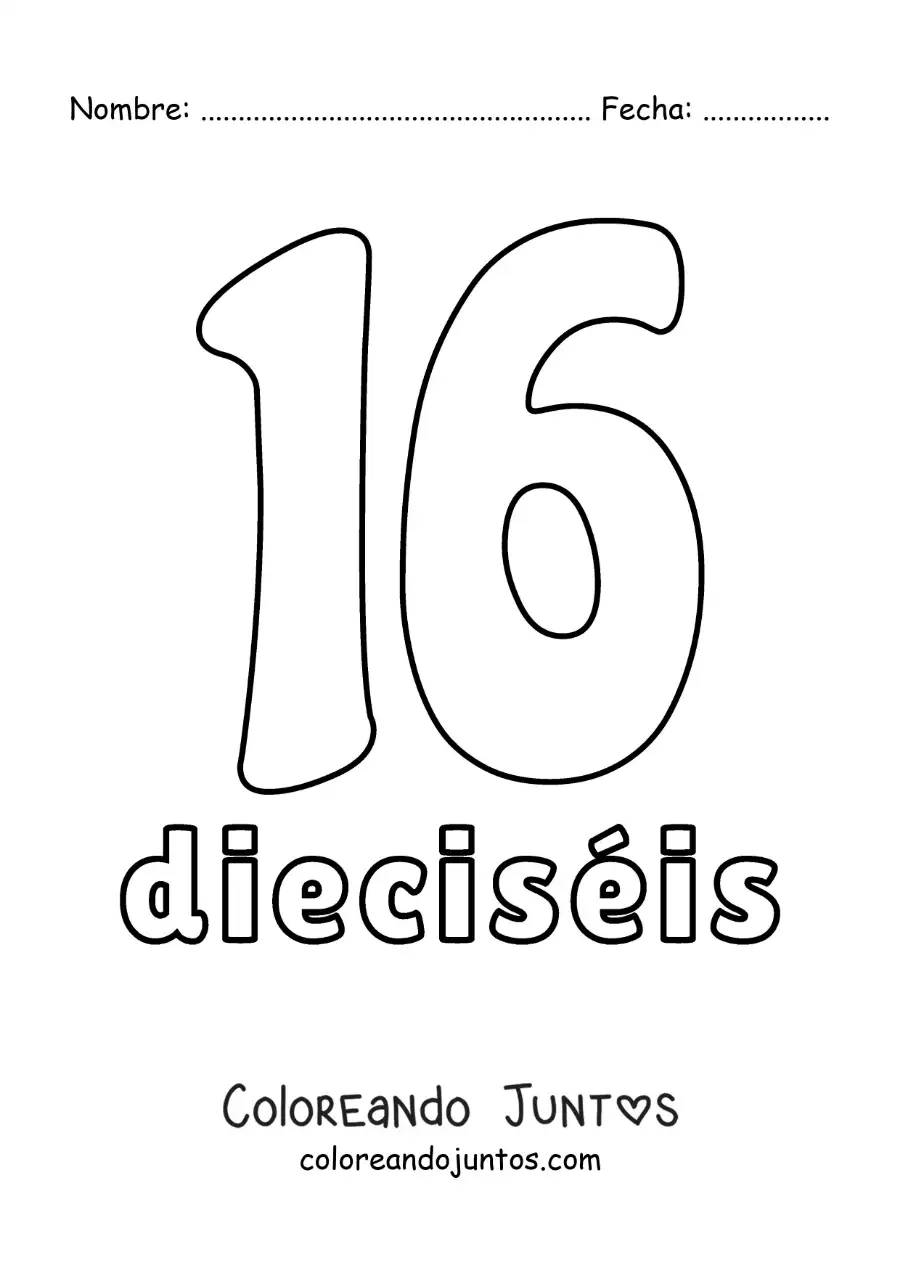 Imagen para colorear de ficha del 16 para aprender los números naturales