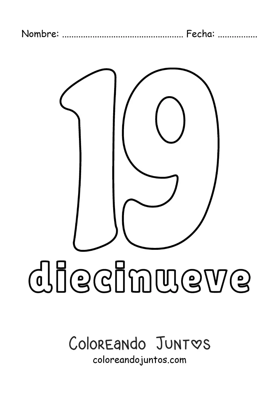 Imagen para colorear de ficha del 19 para aprender los números naturales